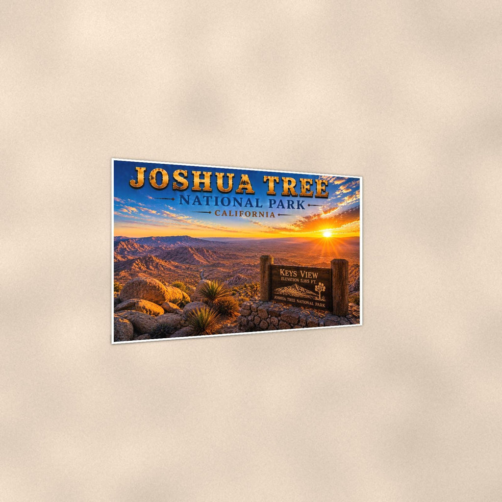 Joshua Tree National Park - Keys View — 36x24 in art print poster, premium luster paper with a white border; gentle three-quarter angle on a warm wall, showing the flat paper edge.