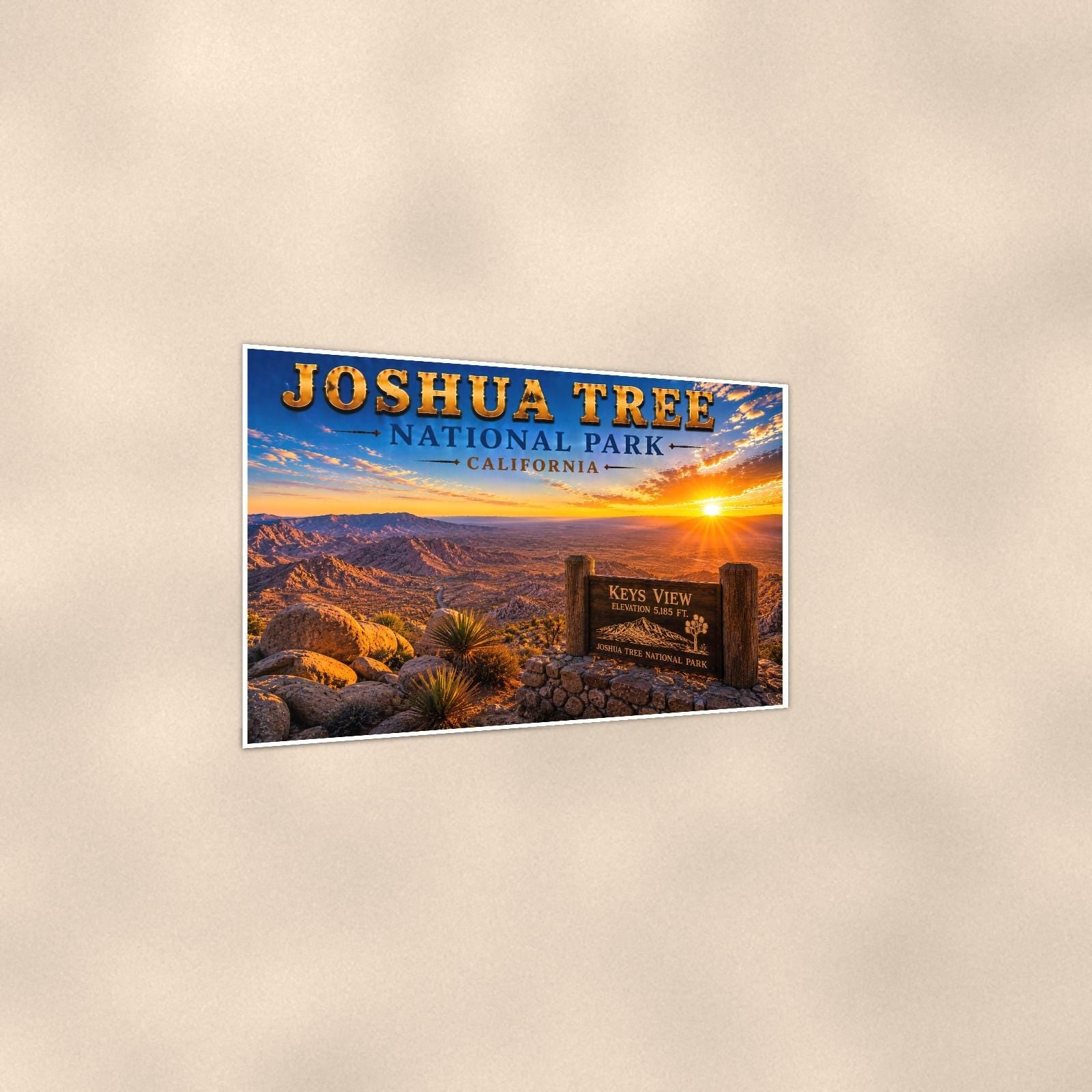 Joshua Tree National Park - Keys View — 36x24 in art print poster, premium luster paper with a white border; gentle three-quarter angle on a warm wall, showing the flat paper edge.