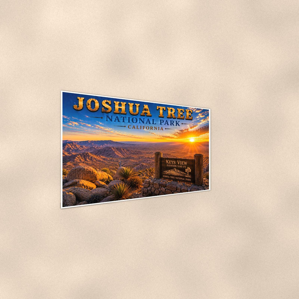 Joshua Tree National Park - Keys View — 36x24 in art print poster, premium luster paper with a white border; steeper three-quarter angle on a warm wall, catching the luster sheen.