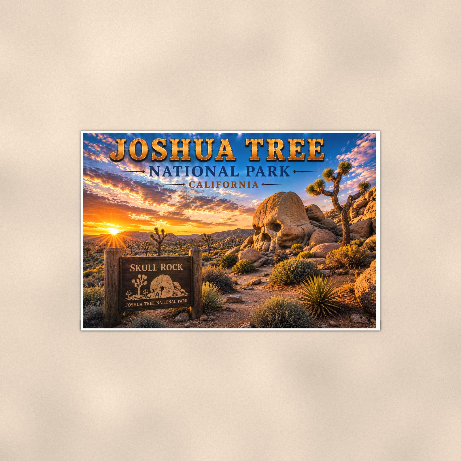 Joshua Tree National Park - Skull Rock — 36x24 in art print poster, premium luster paper with a white border; poster shown straight on against a warm wall.