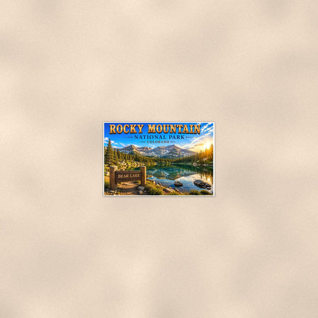 Rocky Mountain National Park - Bear Lake — 36x24 in art print poster, premium luster paper with a white border; poster seen from further back, at true 36x24 in scale on a warm wall.