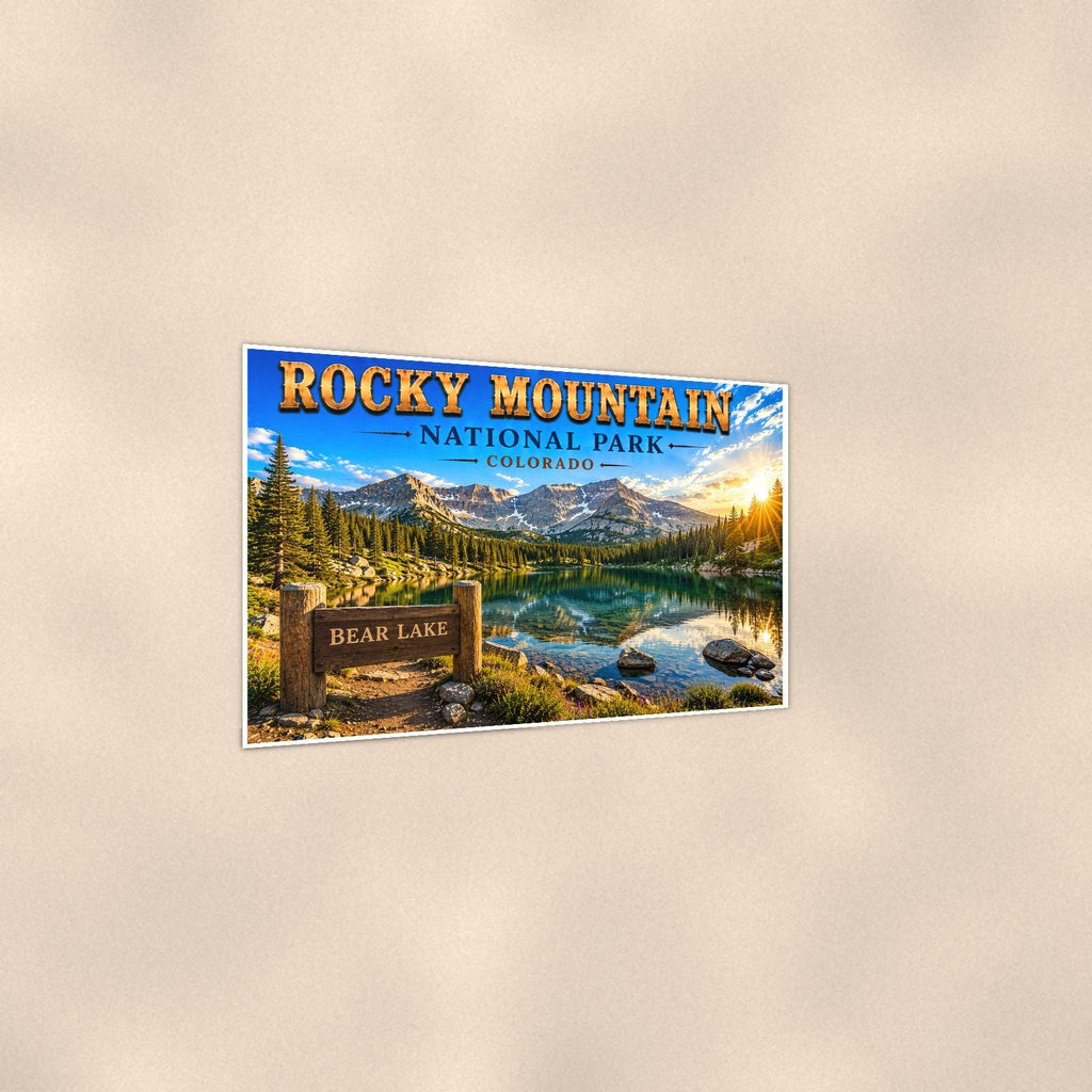Rocky Mountain National Park - Bear Lake — 36x24 in art print poster, premium luster paper with a white border; gentle three-quarter angle on a warm wall, showing the flat paper edge.