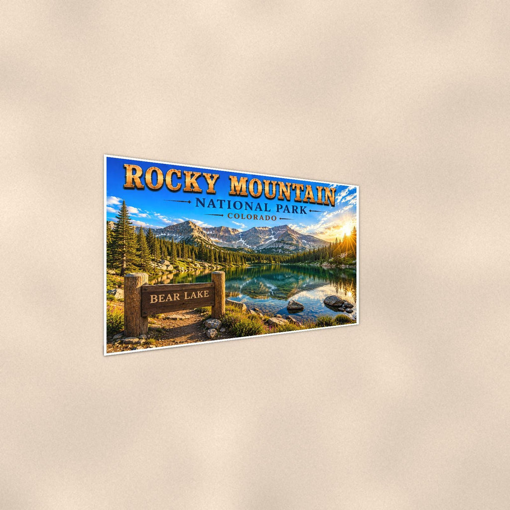 Rocky Mountain National Park - Bear Lake — 36x24 in art print poster, premium luster paper with a white border; steeper three-quarter angle on a warm wall, catching the luster sheen.