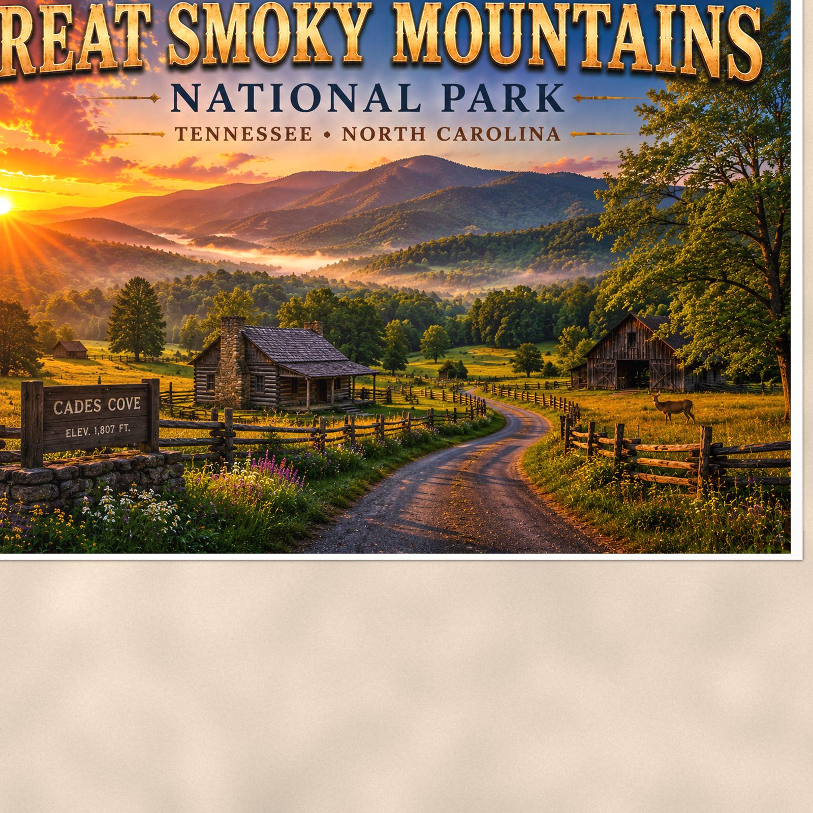 Great Smoky Mountains National Park - Cades Cove — 36x24 in art print poster, premium luster paper with a white border; close-up framed on the main subject of the artwork, paper surface visible.