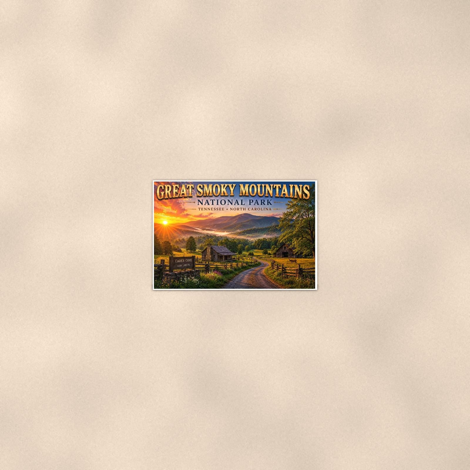 Great Smoky Mountains National Park - Cades Cove — 36x24 in art print poster, premium luster paper with a white border; poster seen from further back, at true 36x24 in scale on a warm wall.