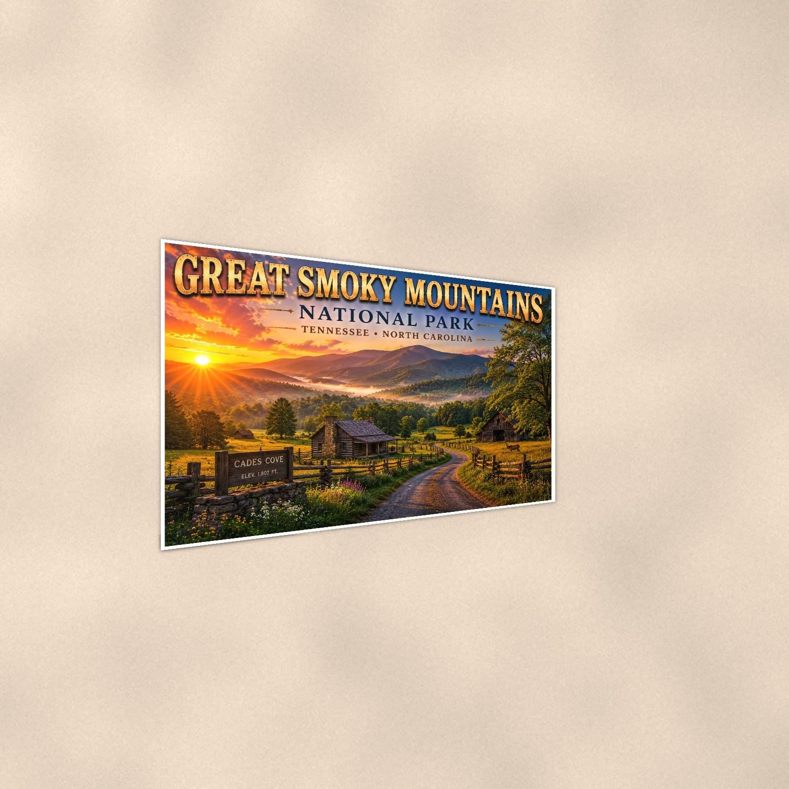 Great Smoky Mountains National Park - Cades Cove — 36x24 in art print poster, premium luster paper with a white border; steeper three-quarter angle on a warm wall, catching the luster sheen.