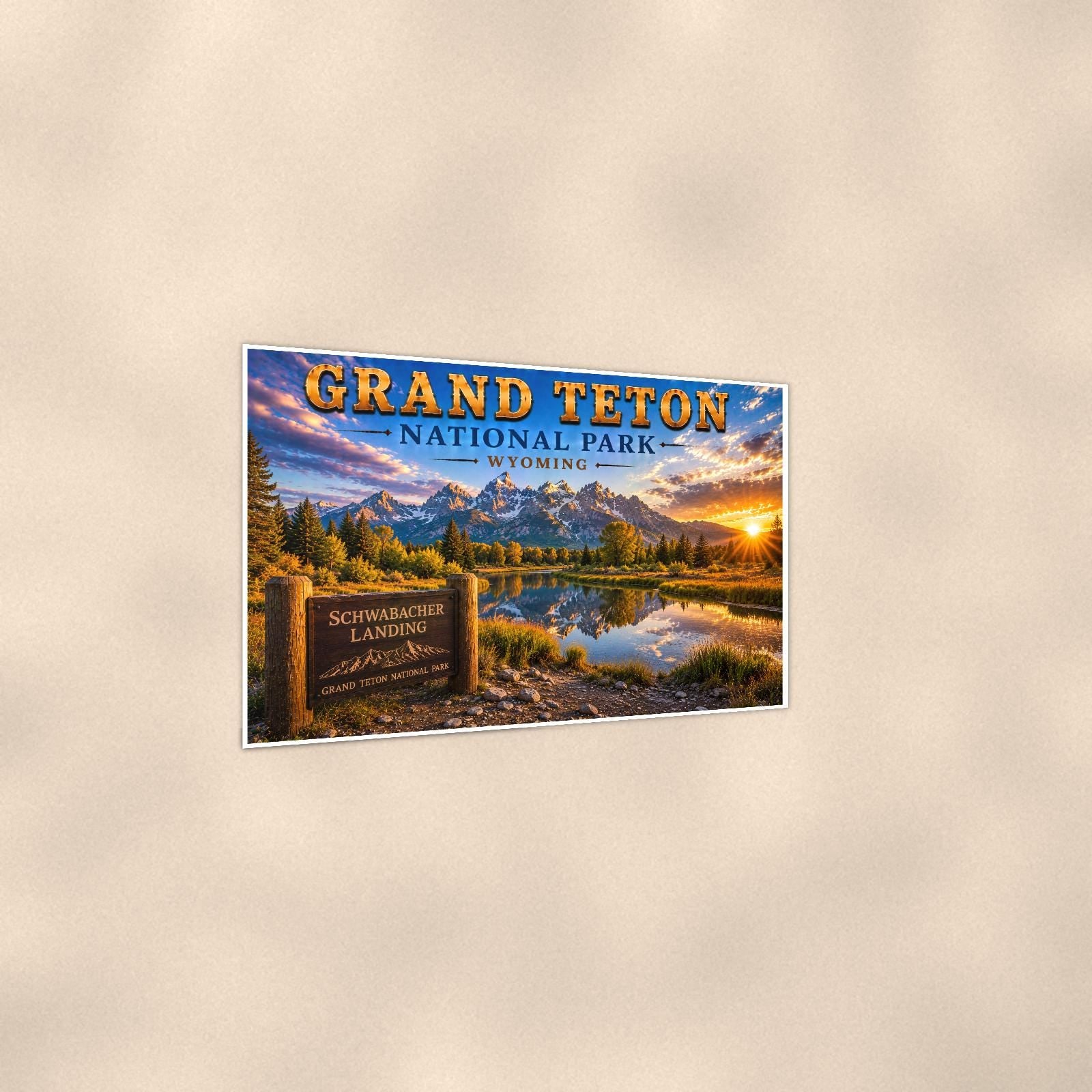 Grand Teton National Park - Schwabacher Landing — 36x24 in art print poster, premium luster paper with a white border; gentle three-quarter angle on a warm wall, showing the flat paper edge.