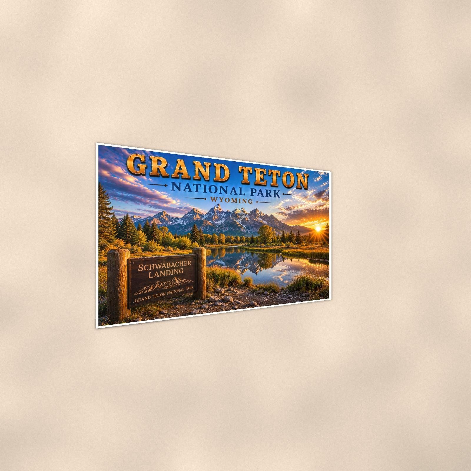 Grand Teton National Park - Schwabacher Landing — 36x24 in art print poster, premium luster paper with a white border; steeper three-quarter angle on a warm wall, catching the luster sheen.