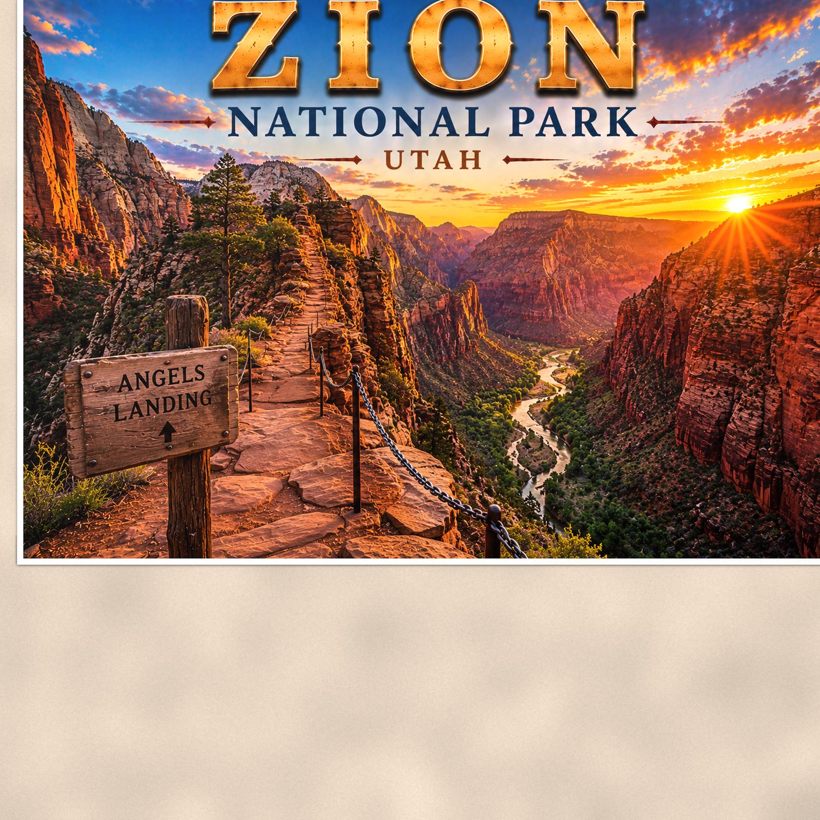 Zion National Park - Angels Landing — 36x24 in art print poster, premium luster paper with a white border; close-up framed on the main subject of the artwork, paper surface visible.