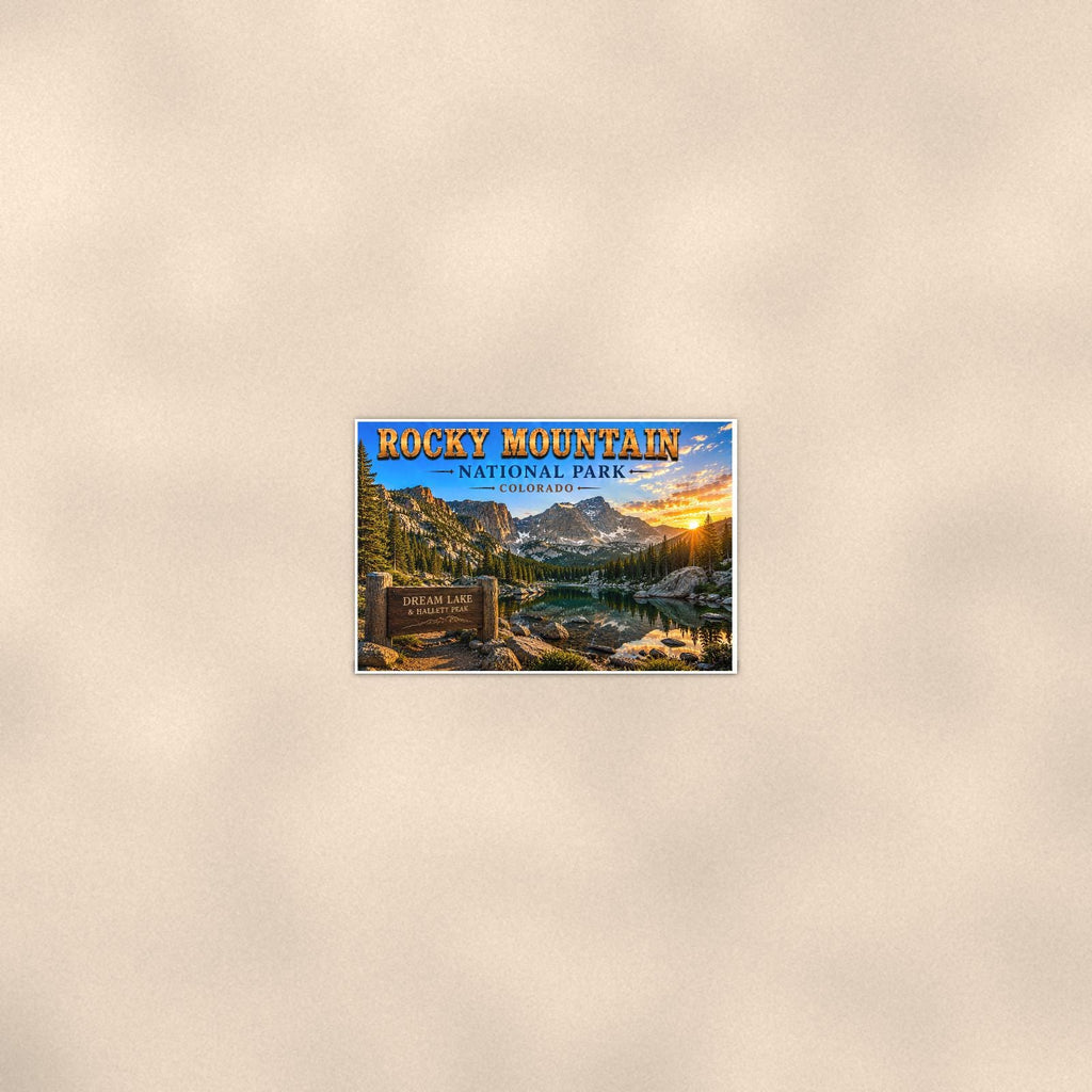 Rocky Mountain National Park - Dream Lake — 36x24 in art print poster, premium luster paper with a white border; poster seen from further back, at true 36x24 in scale on a warm wall.