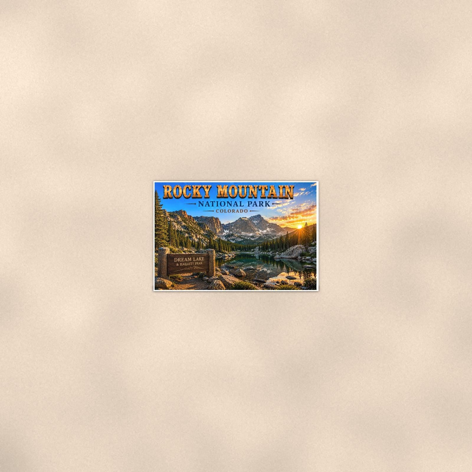 Rocky Mountain National Park - Dream Lake — 36x24 in art print poster, premium luster paper with a white border; poster seen from further back, at true 36x24 in scale on a warm wall.