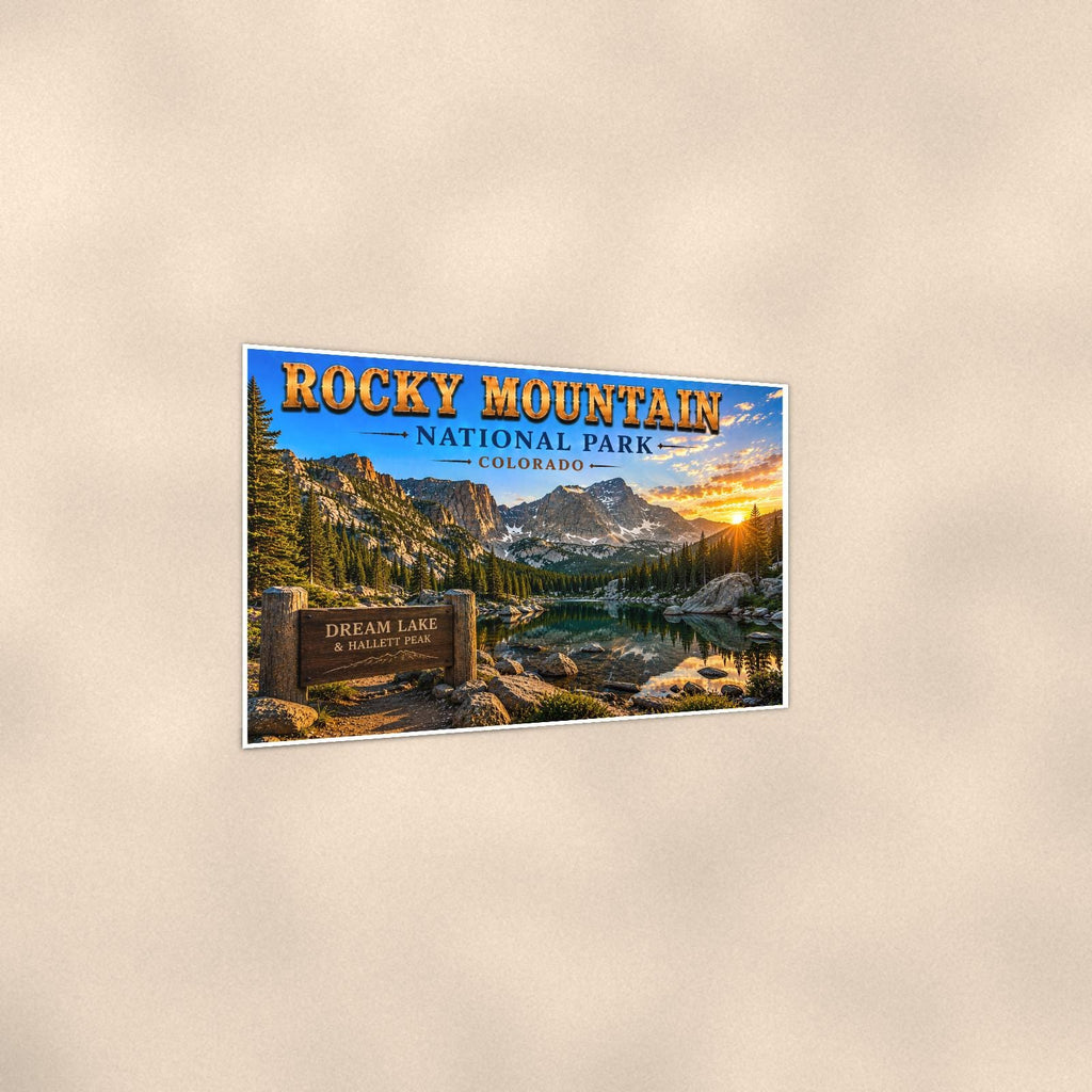 Rocky Mountain National Park - Dream Lake — 36x24 in art print poster, premium luster paper with a white border; gentle three-quarter angle on a warm wall, showing the flat paper edge.