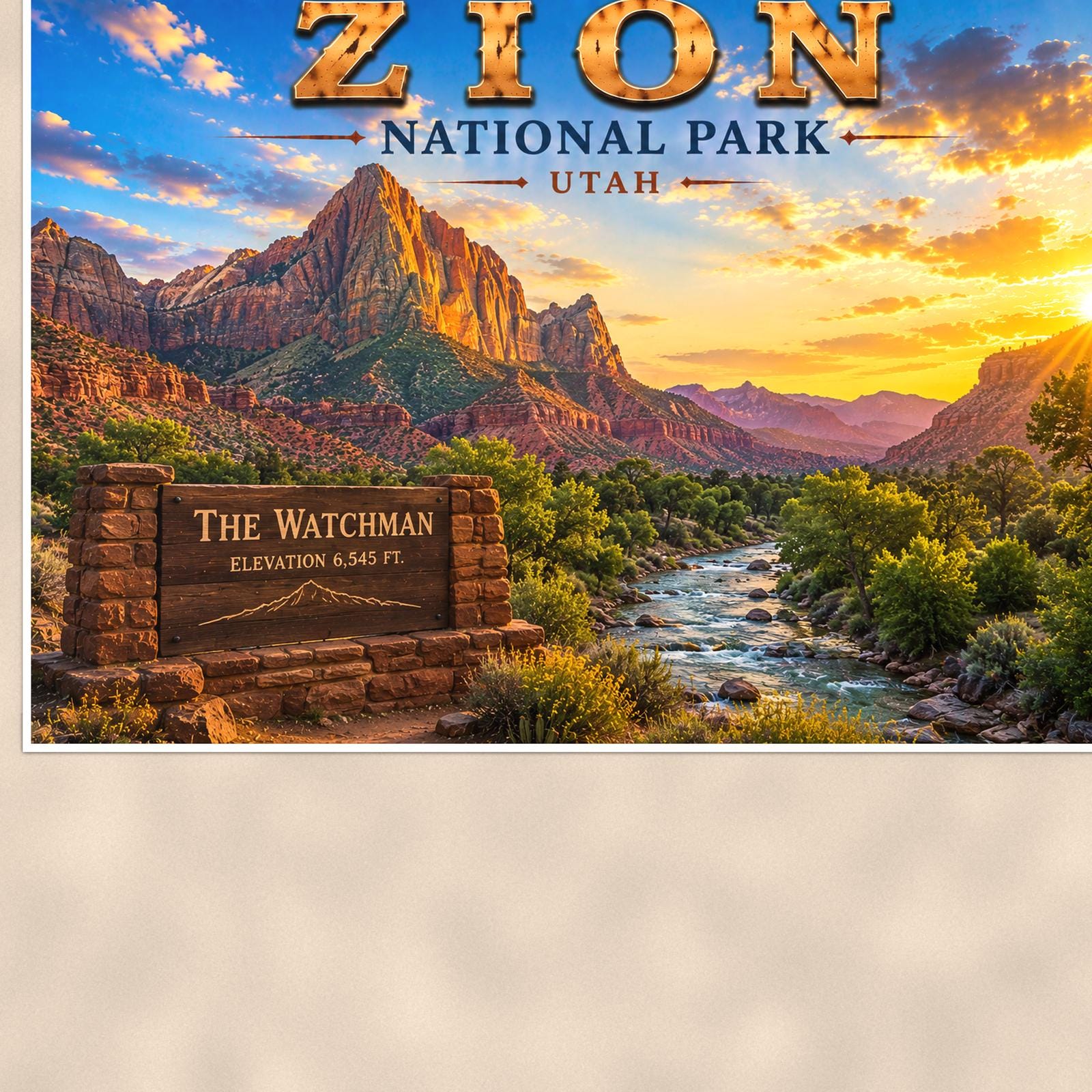 Zion National Park - The Watchman — 36x24 in art print poster, premium luster paper with a white border; close-up framed on the main subject of the artwork, paper surface visible.