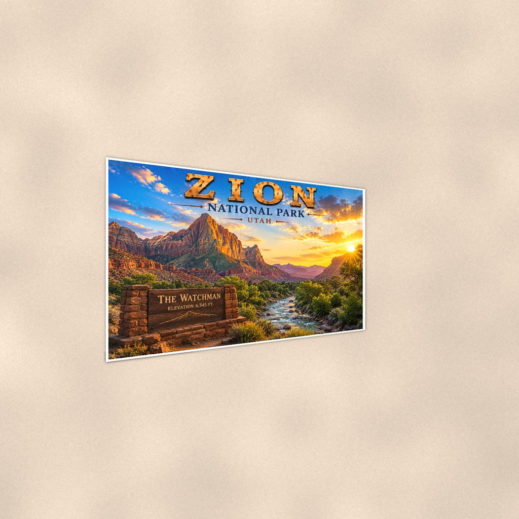 Zion National Park - The Watchman — 36x24 in art print poster, premium luster paper with a white border; steeper three-quarter angle on a warm wall, catching the luster sheen.