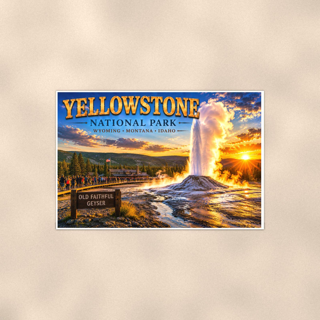 Yellowstone National Park - Old Faithful Geyser — 36x24 in art print poster, premium luster paper with a white border; poster shown straight on against a warm wall.
