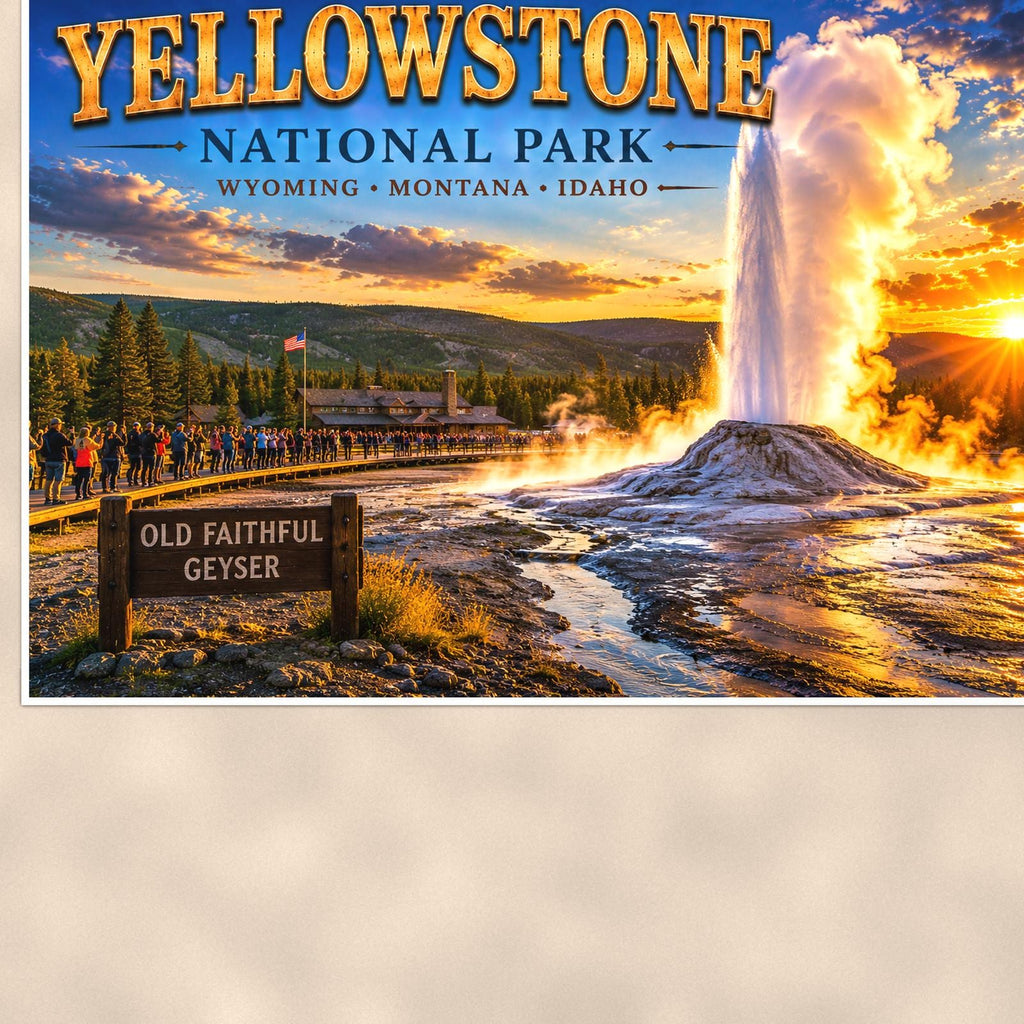 Yellowstone National Park - Old Faithful Geyser — 36x24 in art print poster, premium luster paper with a white border; close-up framed on the main subject of the artwork, paper surface visible.