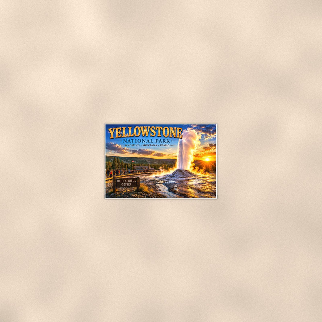 Yellowstone National Park - Old Faithful Geyser — 36x24 in art print poster, premium luster paper with a white border; poster seen from further back, at true 36x24 in scale on a warm wall.