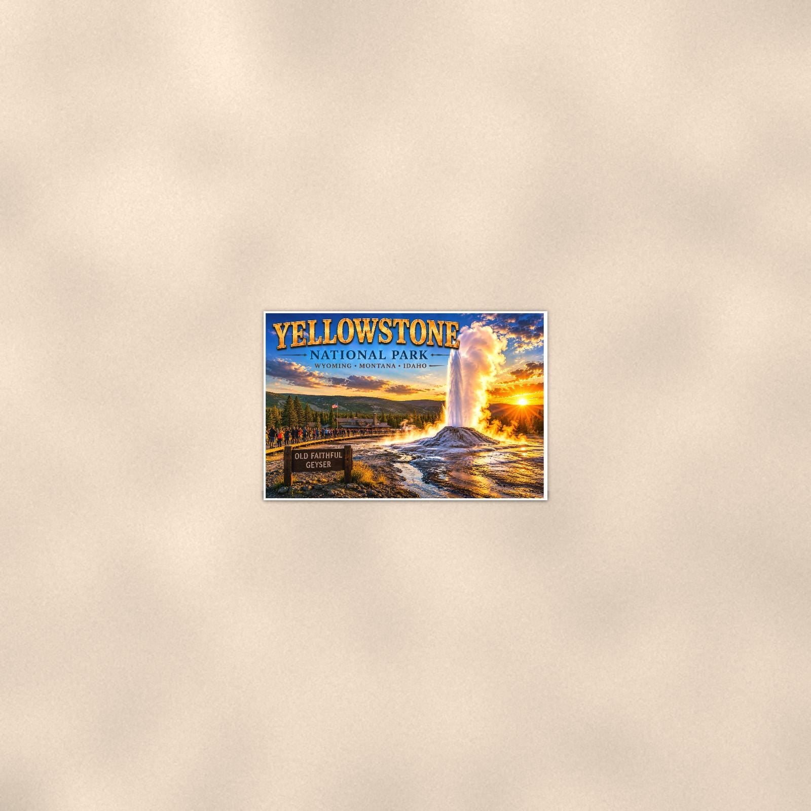 Yellowstone National Park - Old Faithful Geyser — 36x24 in art print poster, premium luster paper with a white border; poster seen from further back, at true 36x24 in scale on a warm wall.