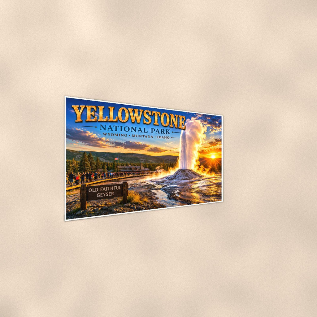 Yellowstone National Park - Old Faithful Geyser — 36x24 in art print poster, premium luster paper with a white border; steeper three-quarter angle on a warm wall, catching the luster sheen.