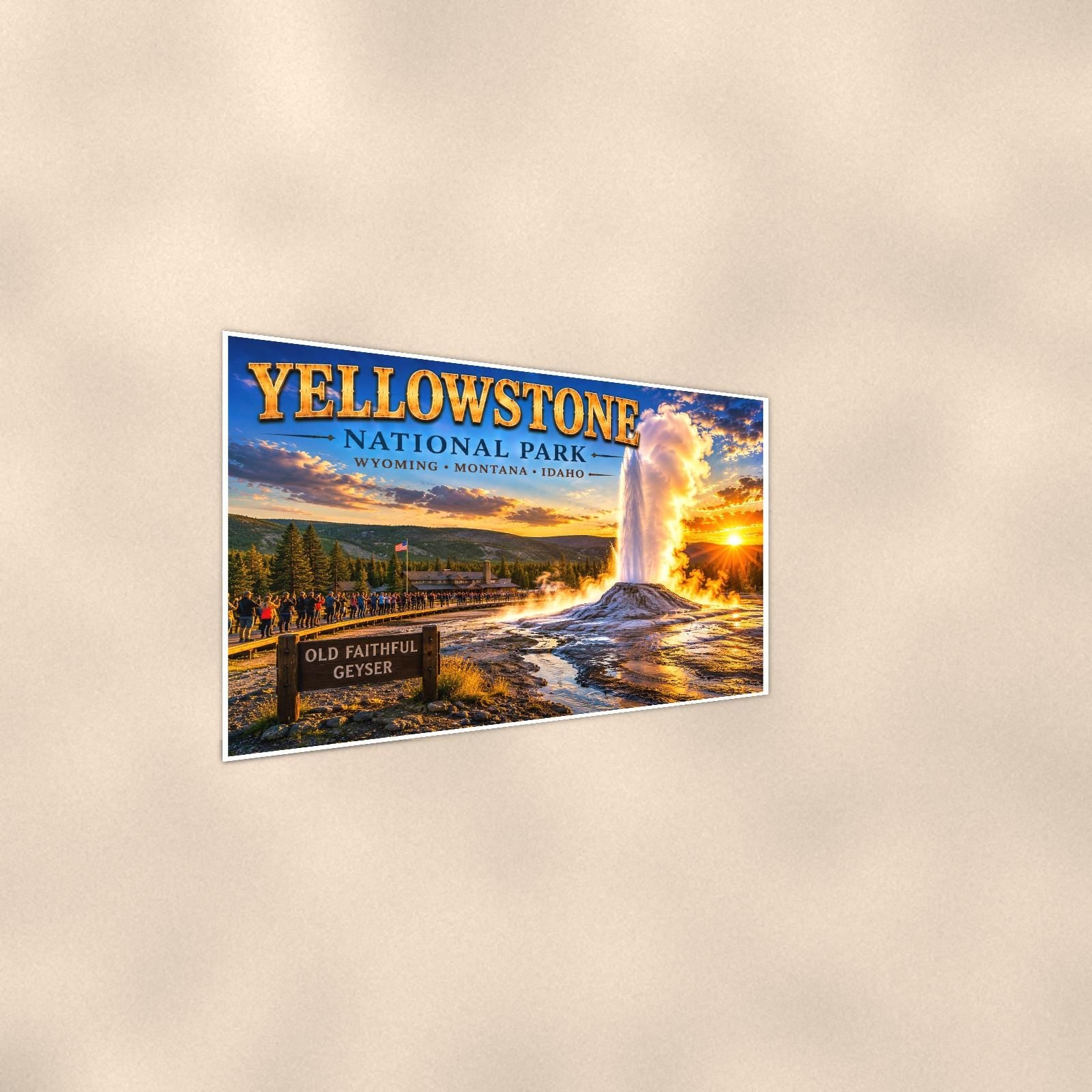 Yellowstone National Park - Old Faithful Geyser — 36x24 in art print poster, premium luster paper with a white border; steeper three-quarter angle on a warm wall, catching the luster sheen.