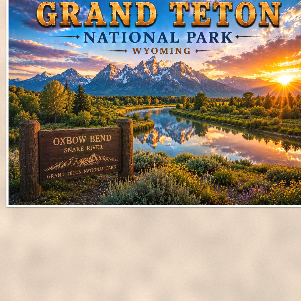 Grand Teton National Park - Oxbow Bend — 36x24 in art print poster, premium luster paper with a white border; close-up framed on the main subject of the artwork, paper surface visible.
