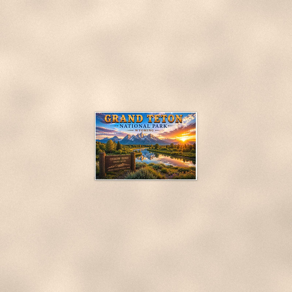 Grand Teton National Park - Oxbow Bend — 36x24 in art print poster, premium luster paper with a white border; poster seen from further back, at true 36x24 in scale on a warm wall.