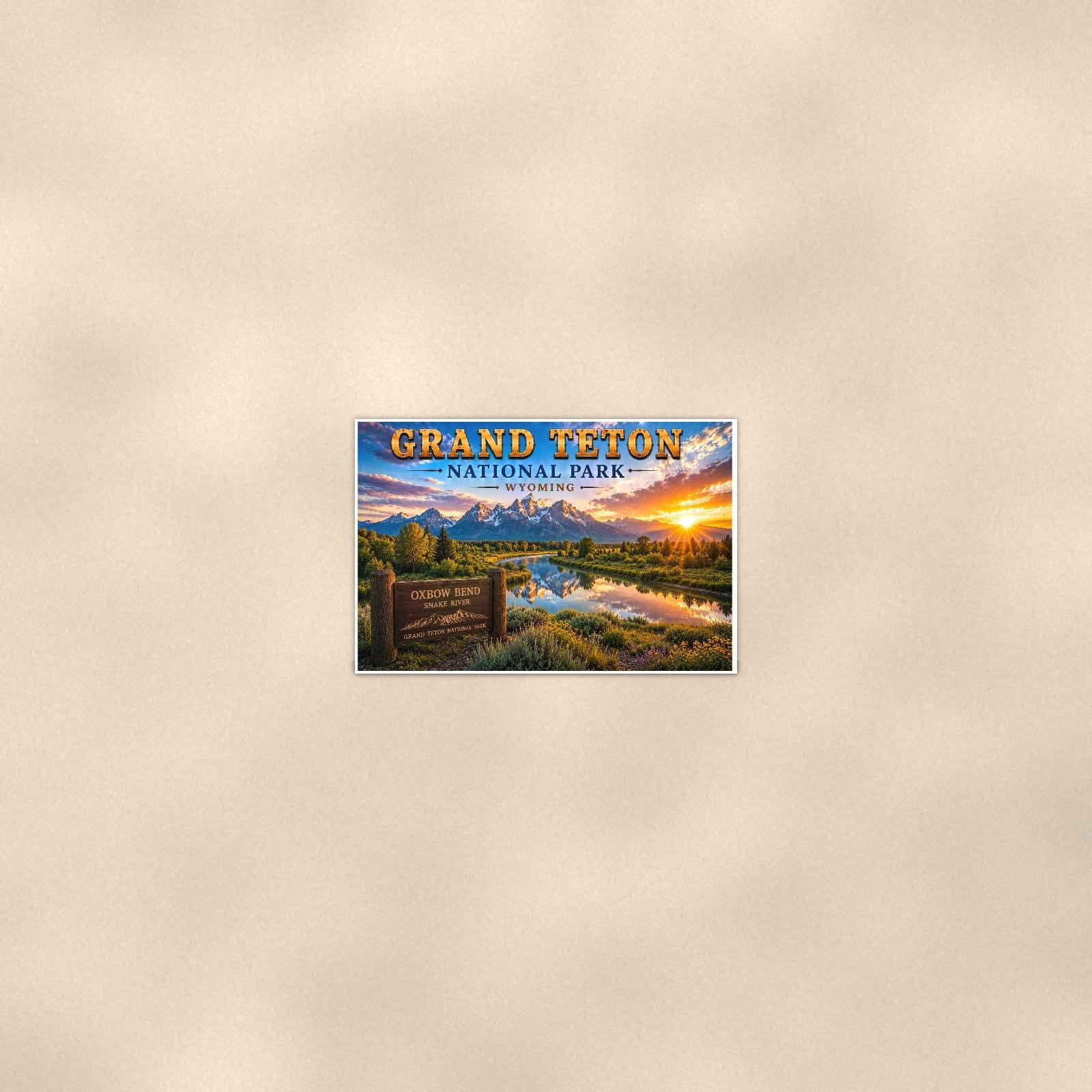 Grand Teton National Park - Oxbow Bend — 36x24 in art print poster, premium luster paper with a white border; poster seen from further back, at true 36x24 in scale on a warm wall.