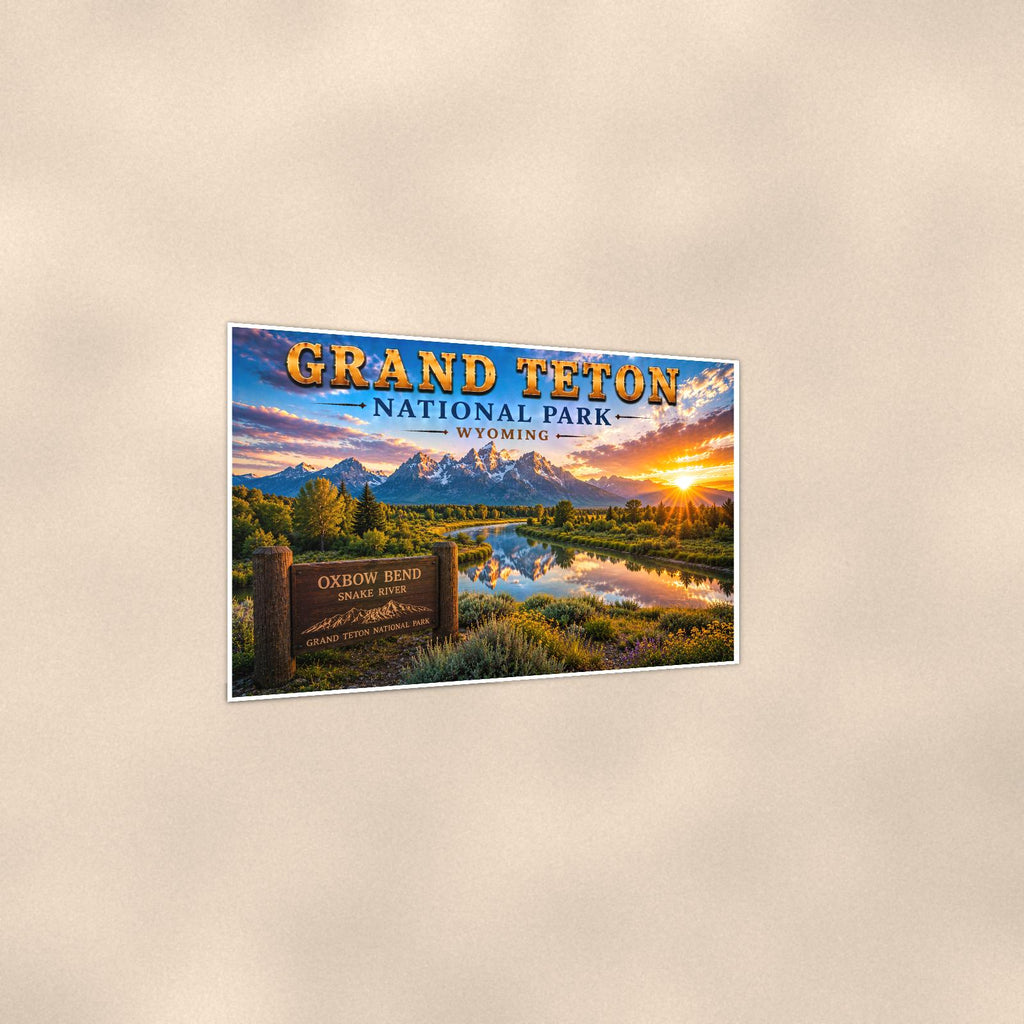 Grand Teton National Park - Oxbow Bend — 36x24 in art print poster, premium luster paper with a white border; gentle three-quarter angle on a warm wall, showing the flat paper edge.