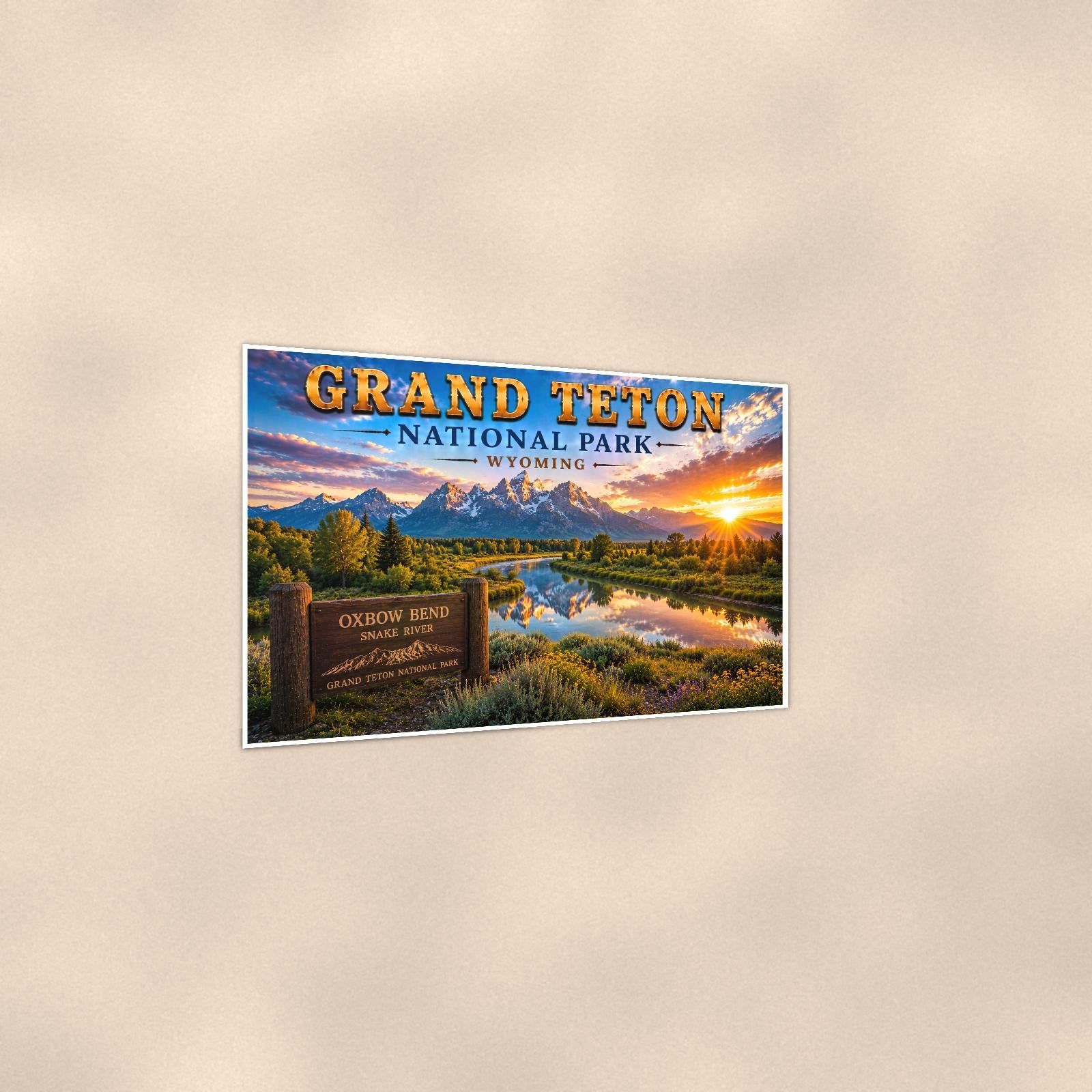 Grand Teton National Park - Oxbow Bend — 36x24 in art print poster, premium luster paper with a white border; gentle three-quarter angle on a warm wall, showing the flat paper edge.