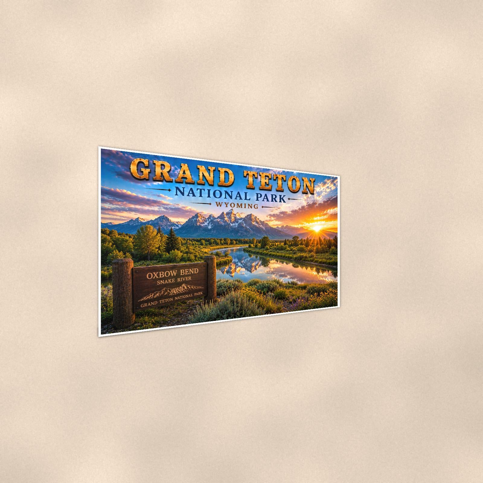 Grand Teton National Park - Oxbow Bend — 36x24 in art print poster, premium luster paper with a white border; steeper three-quarter angle on a warm wall, catching the luster sheen.