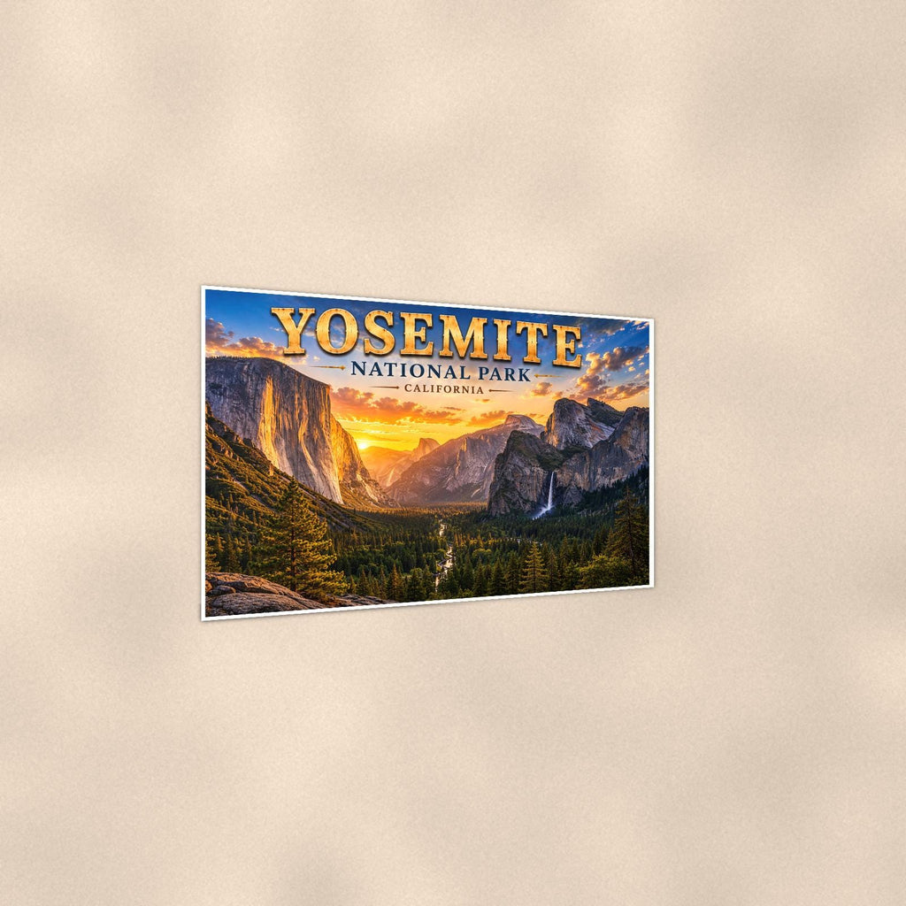 Yosemite National Park - Tunnel View — 36x24 in art print poster, premium luster paper with a white border; gentle three-quarter angle on a warm wall, showing the flat paper edge.