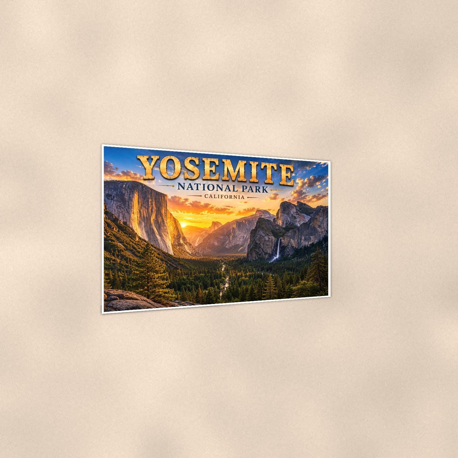 Yosemite National Park - Tunnel View — 36x24 in art print poster, premium luster paper with a white border; gentle three-quarter angle on a warm wall, showing the flat paper edge.