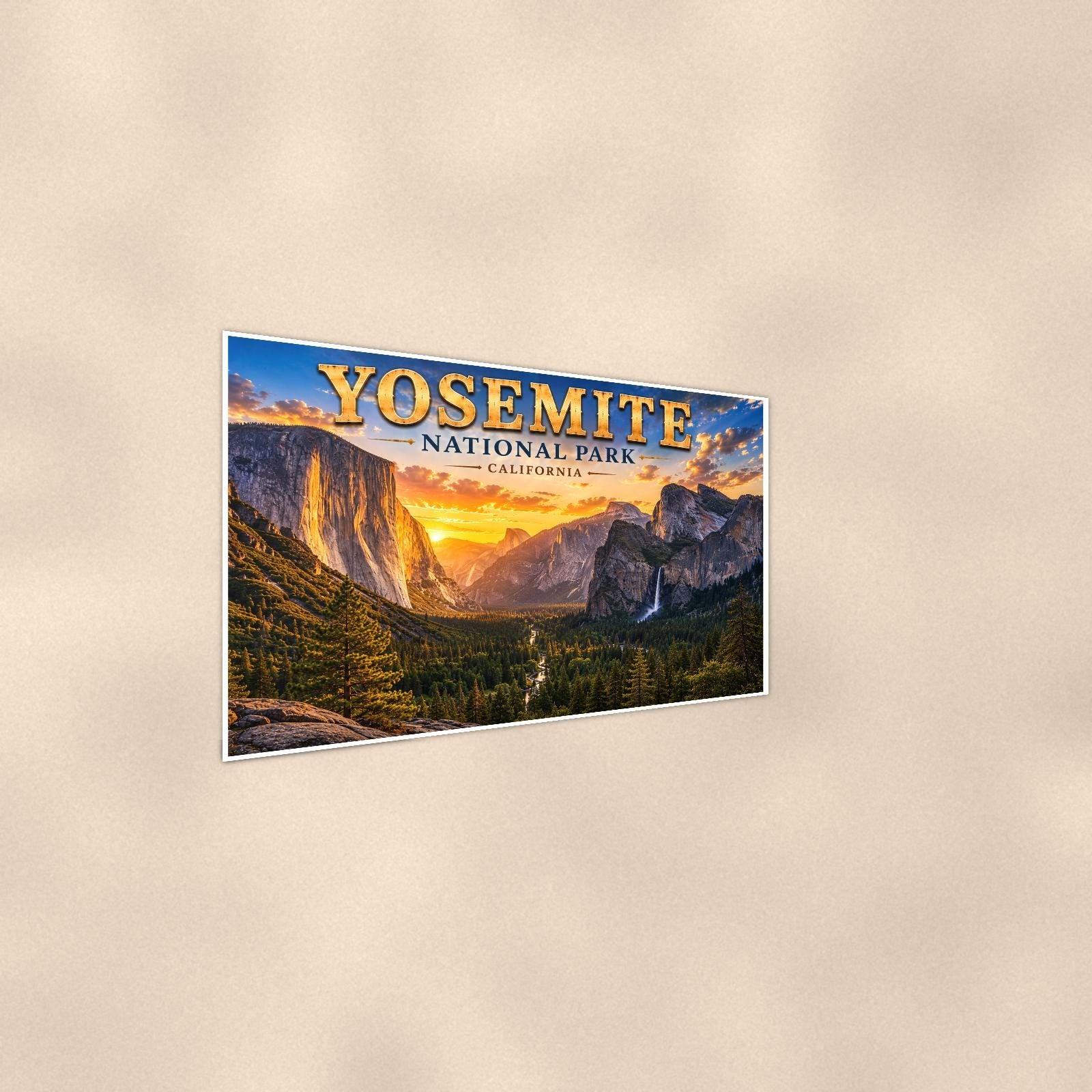Yosemite National Park - Tunnel View — 36x24 in art print poster, premium luster paper with a white border; steeper three-quarter angle on a warm wall, catching the luster sheen.