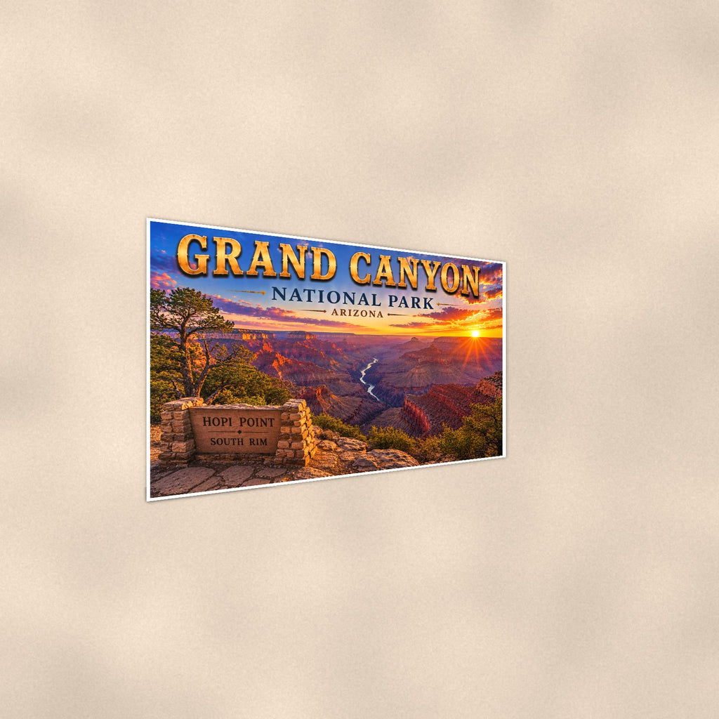 Grand Canyon National Park - Hopi Point — 36x24 in art print poster, premium luster paper with a white border; steeper three-quarter angle on a warm wall, catching the luster sheen.