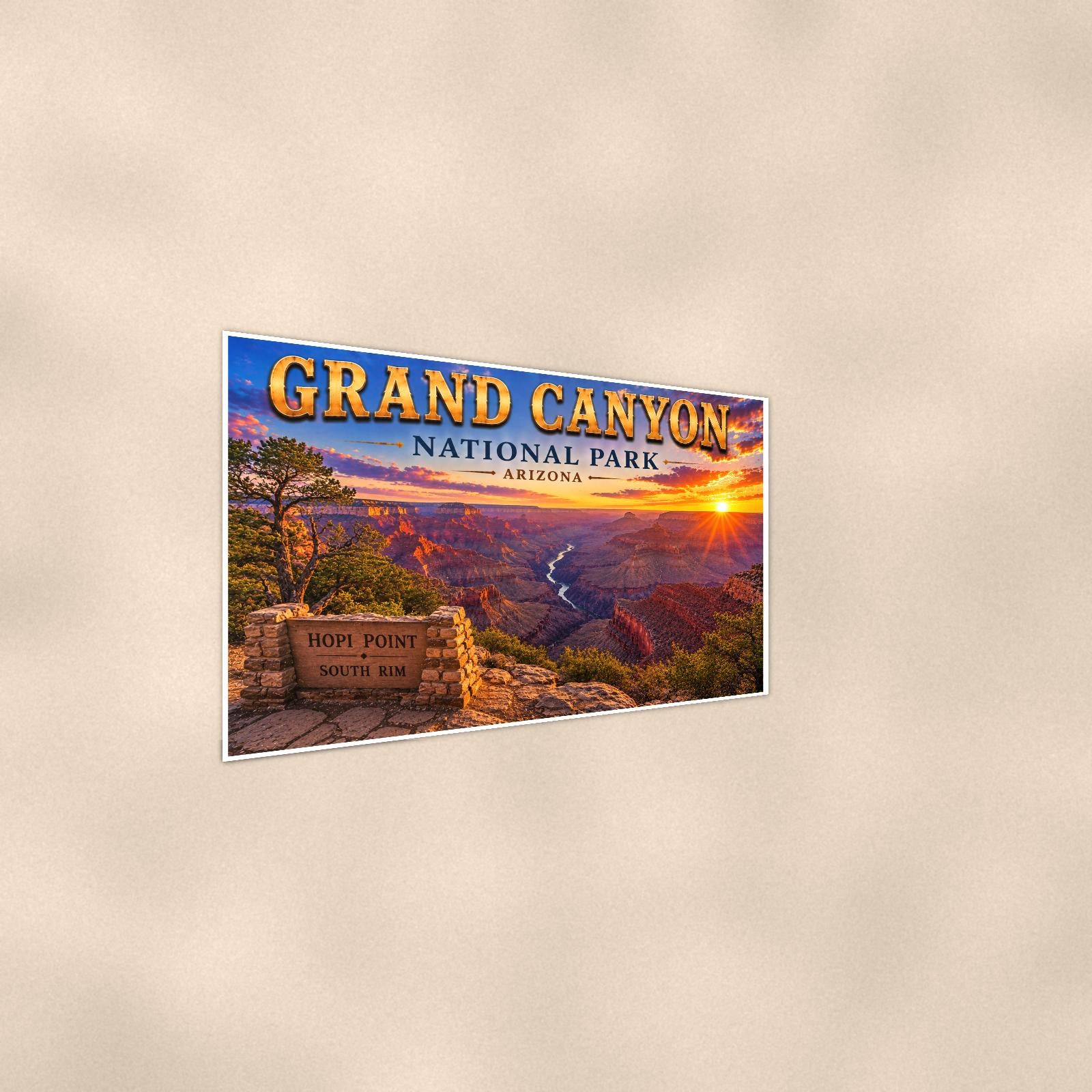 Grand Canyon National Park - Hopi Point — 36x24 in art print poster, premium luster paper with a white border; steeper three-quarter angle on a warm wall, catching the luster sheen.