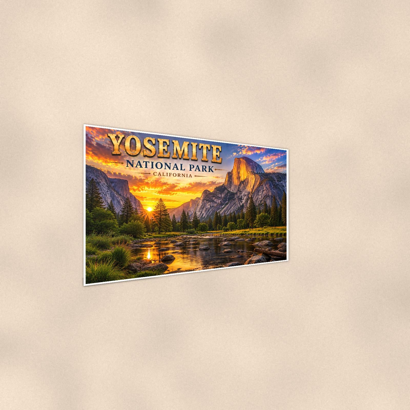 Yosemite National Park - Half Dome — 36x24 in art print poster, premium luster paper with a white border; steeper three-quarter angle on a warm wall, catching the luster sheen.