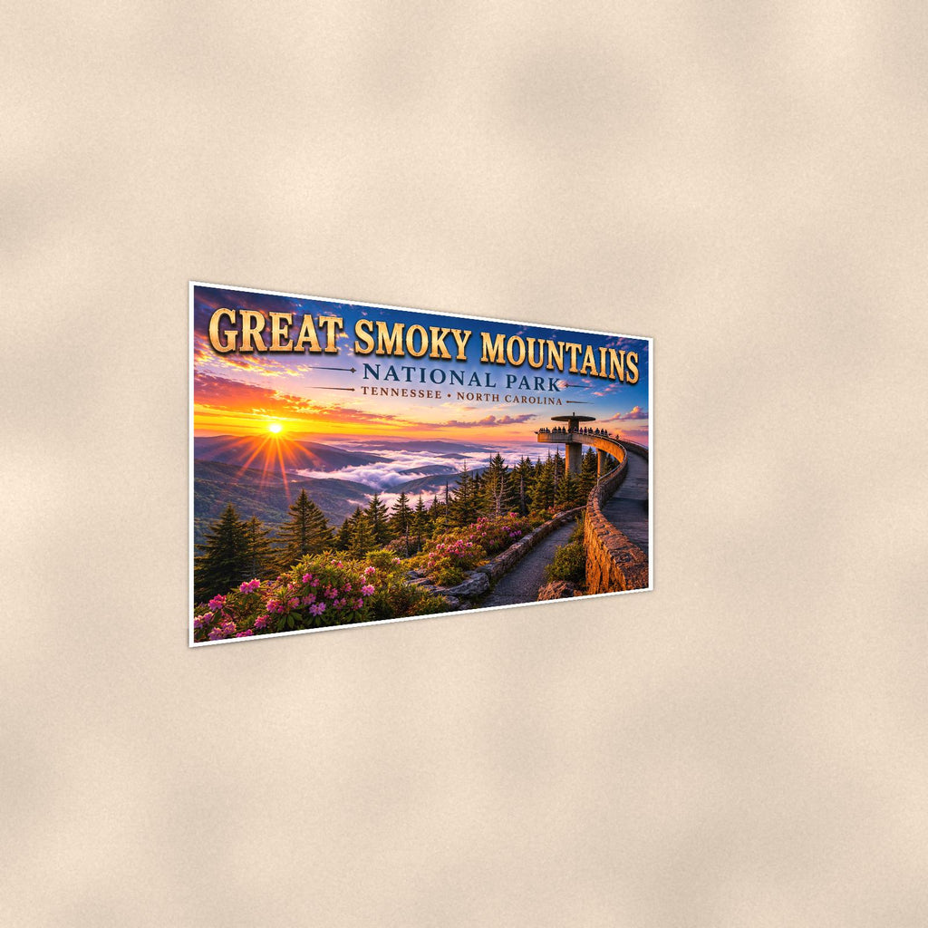 Great Smoky Mountains National Park - Clingmans Dome — 36x24 in art print poster, premium luster paper with a white border; steeper three-quarter angle on a warm wall, catching the luster sheen.