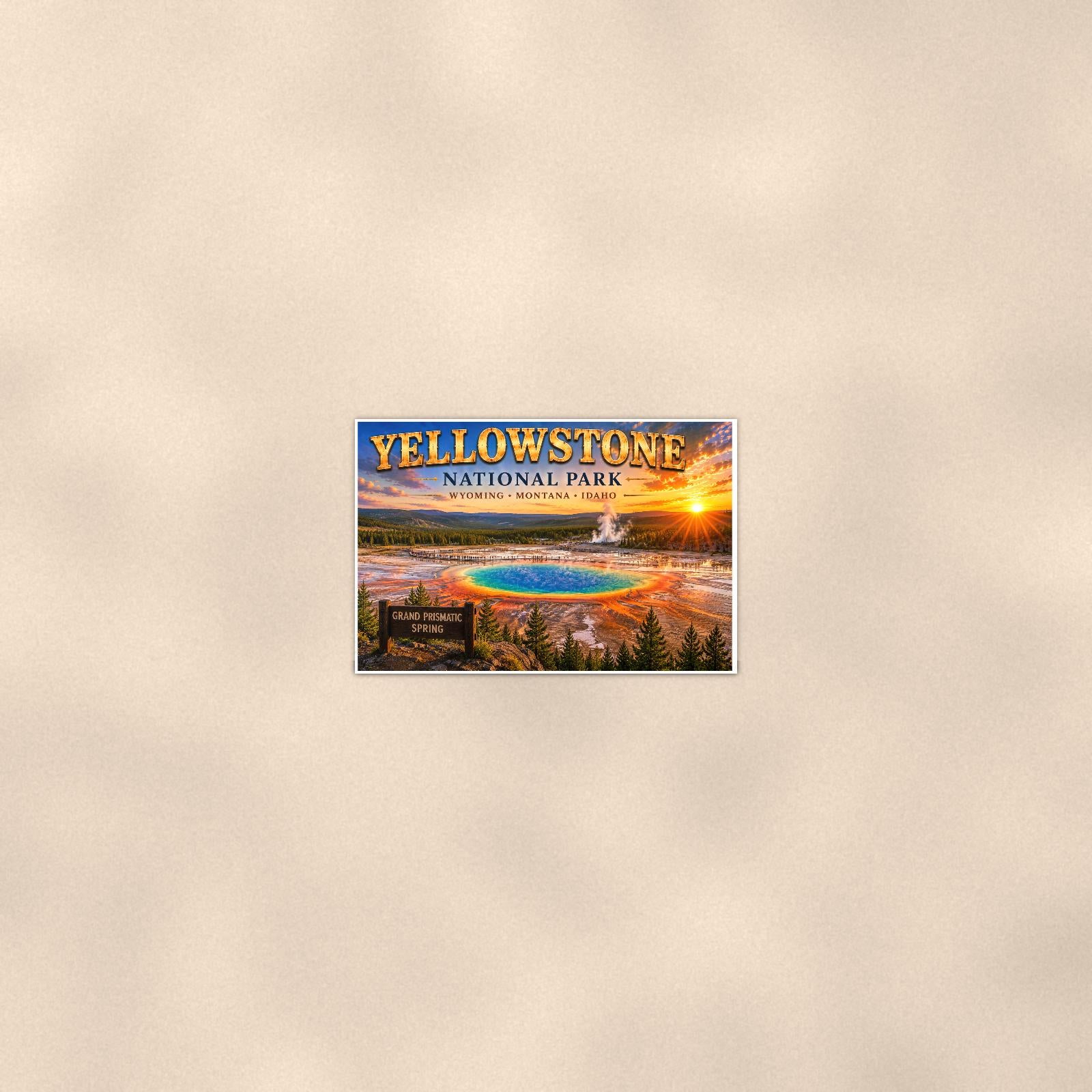 Yellowstone National Park - Grand Prismatic Spring — 36x24 in art print poster, premium luster paper with a white border; poster seen from further back, at true 36x24 in scale on a warm wall.