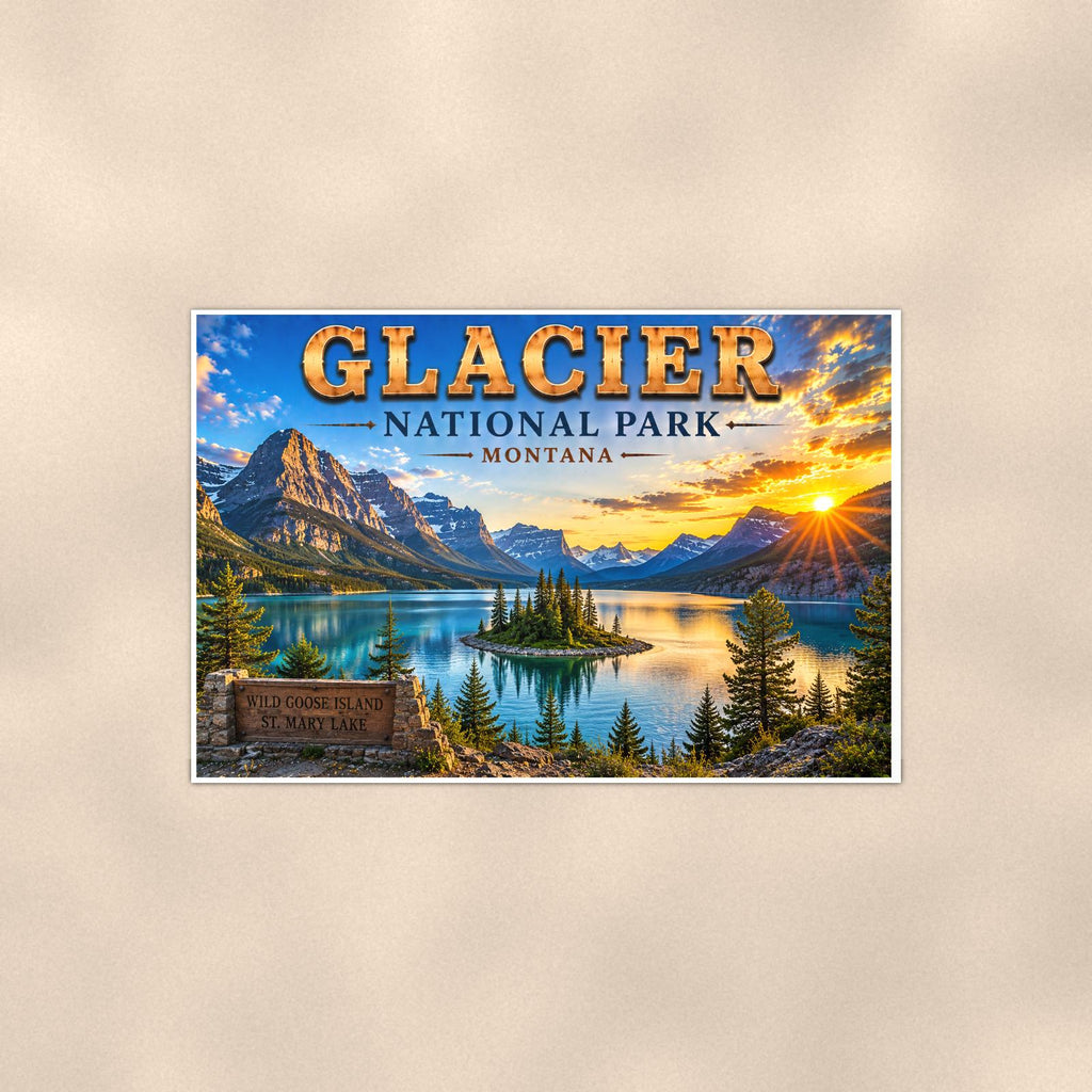 Glacier National Park - Wild Goose Island — 36x24 in art print poster, premium luster paper with a white border; poster shown straight on against a warm wall.