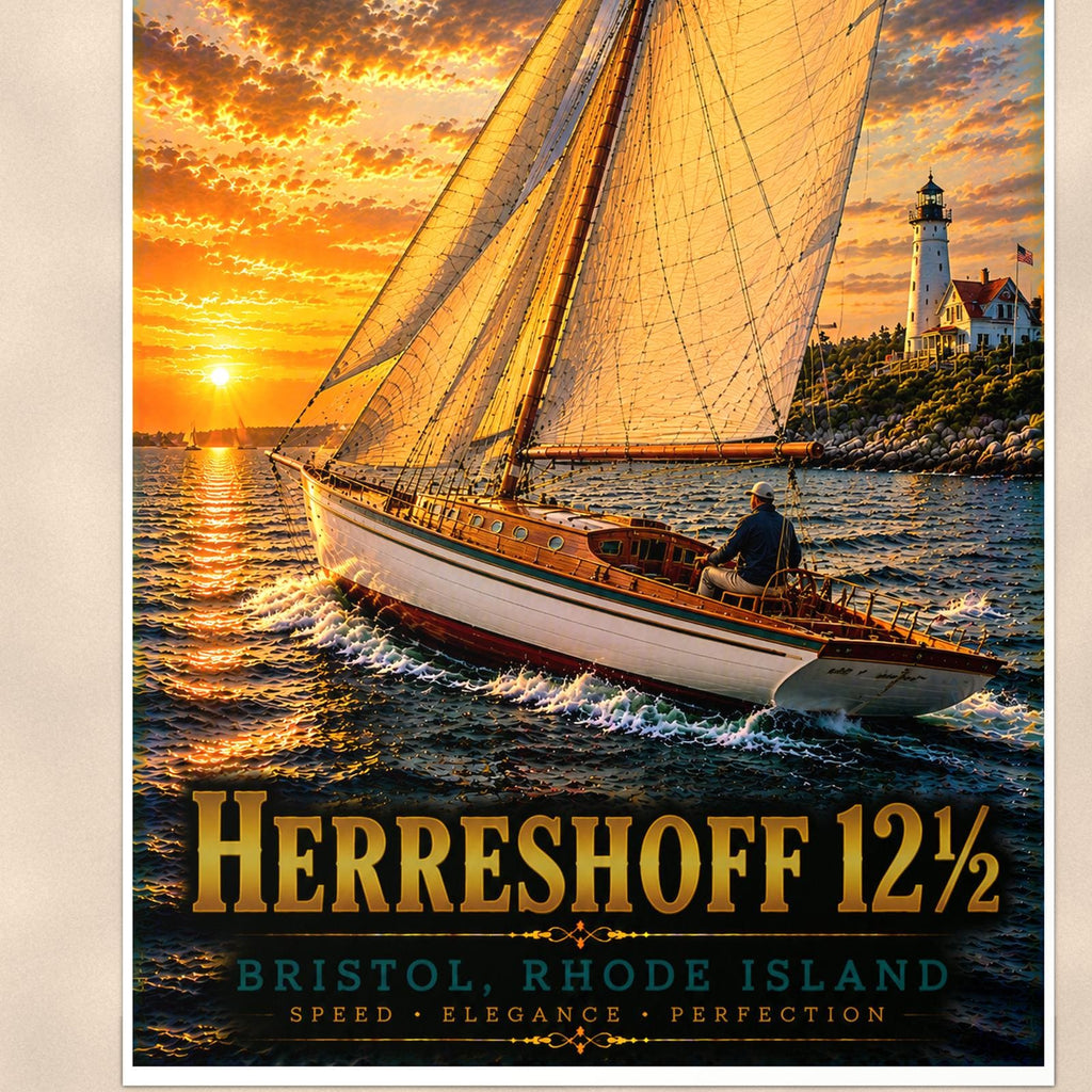 Herreshoff 12 1/2 - Bristol, Rhode Island — 24x36 in art print poster, premium luster paper with a white border; close-up framed on the main subject of the artwork, paper surface visible.