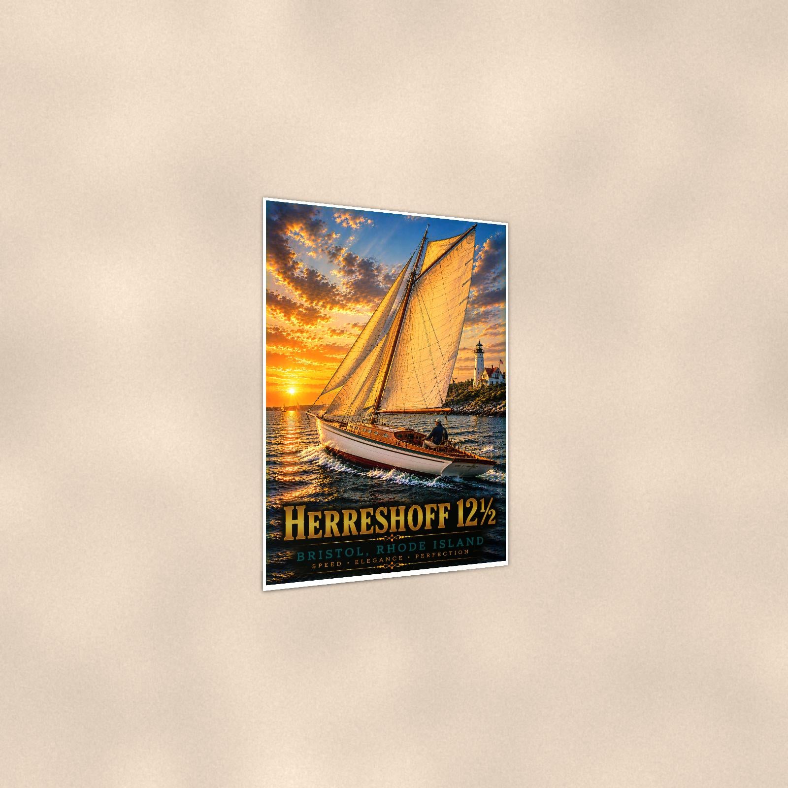 Herreshoff 12 1/2 - Bristol, Rhode Island — 24x36 in art print poster, premium luster paper with a white border; gentle three-quarter angle on a warm wall, showing the flat paper edge.