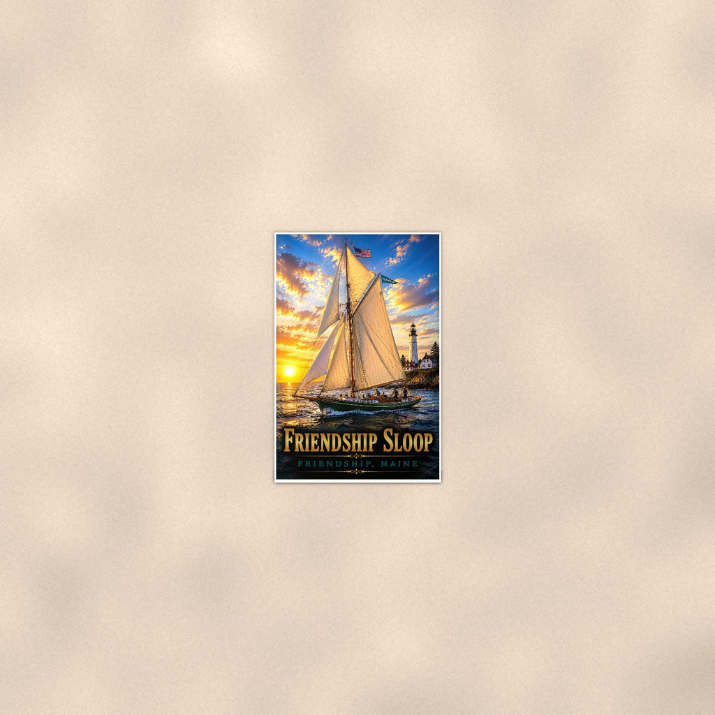 Friendship Sloop - Friendship, Maine — 24x36 in art print poster, premium luster paper with a white border; poster seen from further back, at true 24x36 in scale on a warm wall.