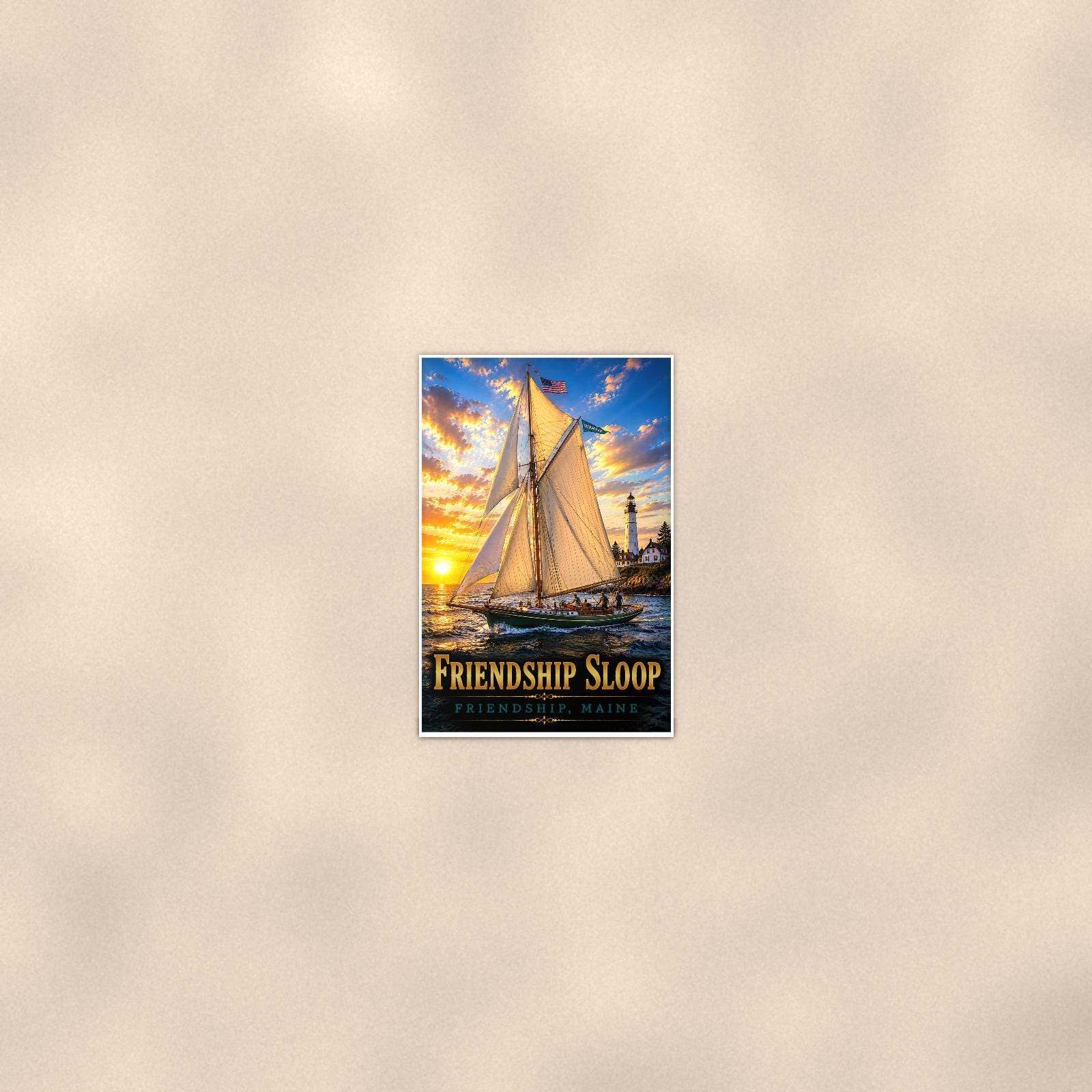 Friendship Sloop - Friendship, Maine — 24x36 in art print poster, premium luster paper with a white border; poster seen from further back, at true 24x36 in scale on a warm wall.