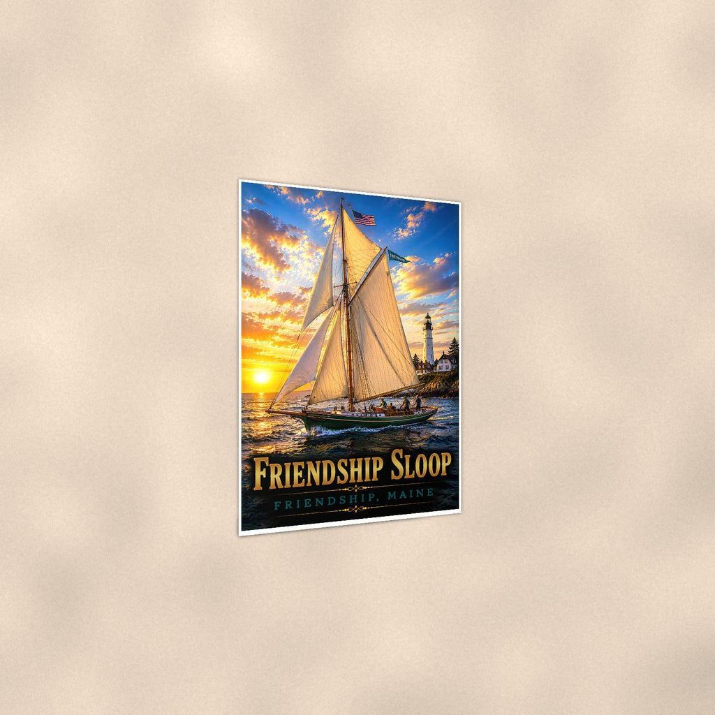 Friendship Sloop - Friendship, Maine — 24x36 in art print poster, premium luster paper with a white border; gentle three-quarter angle on a warm wall, showing the flat paper edge.