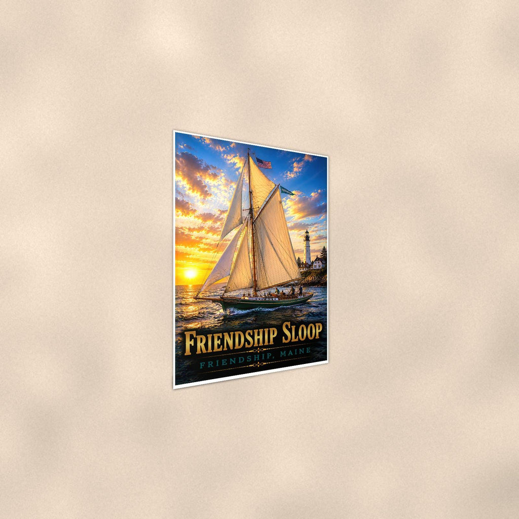 Friendship Sloop - Friendship, Maine — 24x36 in art print poster, premium luster paper with a white border; steeper three-quarter angle on a warm wall, catching the luster sheen.