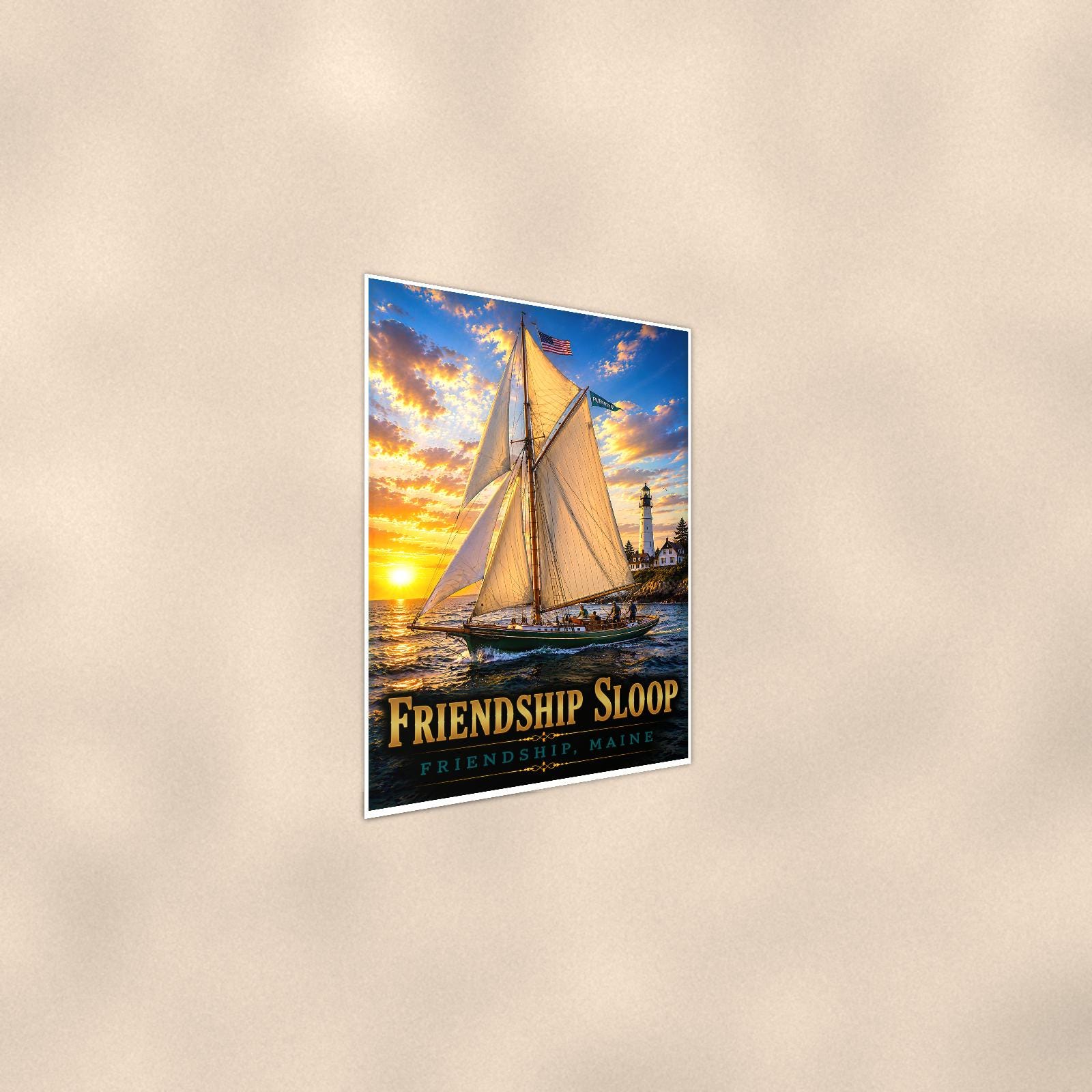 Friendship Sloop - Friendship, Maine — 24x36 in art print poster, premium luster paper with a white border; steeper three-quarter angle on a warm wall, catching the luster sheen.
