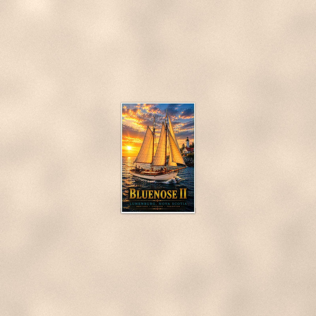 Bluenose II - Lunenburg, Nova Scotia — 24x36 in art print poster, premium luster paper with a white border; poster seen from further back, at true 24x36 in scale on a warm wall.