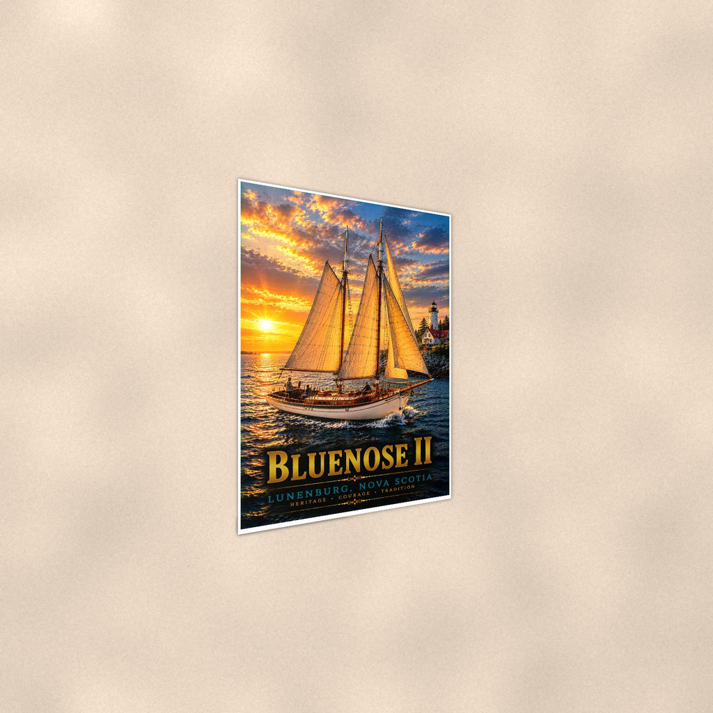 Bluenose II - Lunenburg, Nova Scotia — 24x36 in art print poster, premium luster paper with a white border; steeper three-quarter angle on a warm wall, catching the luster sheen.