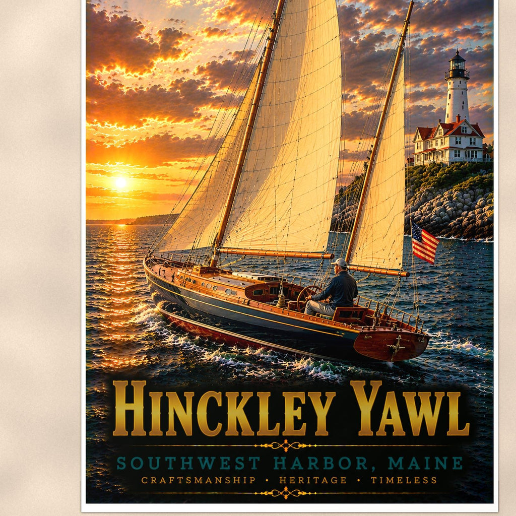 Hinckley Yawl - Southwest Harbor, Maine — 24x36 in art print poster, premium luster paper with a white border; close-up framed on the main subject of the artwork, paper surface visible.