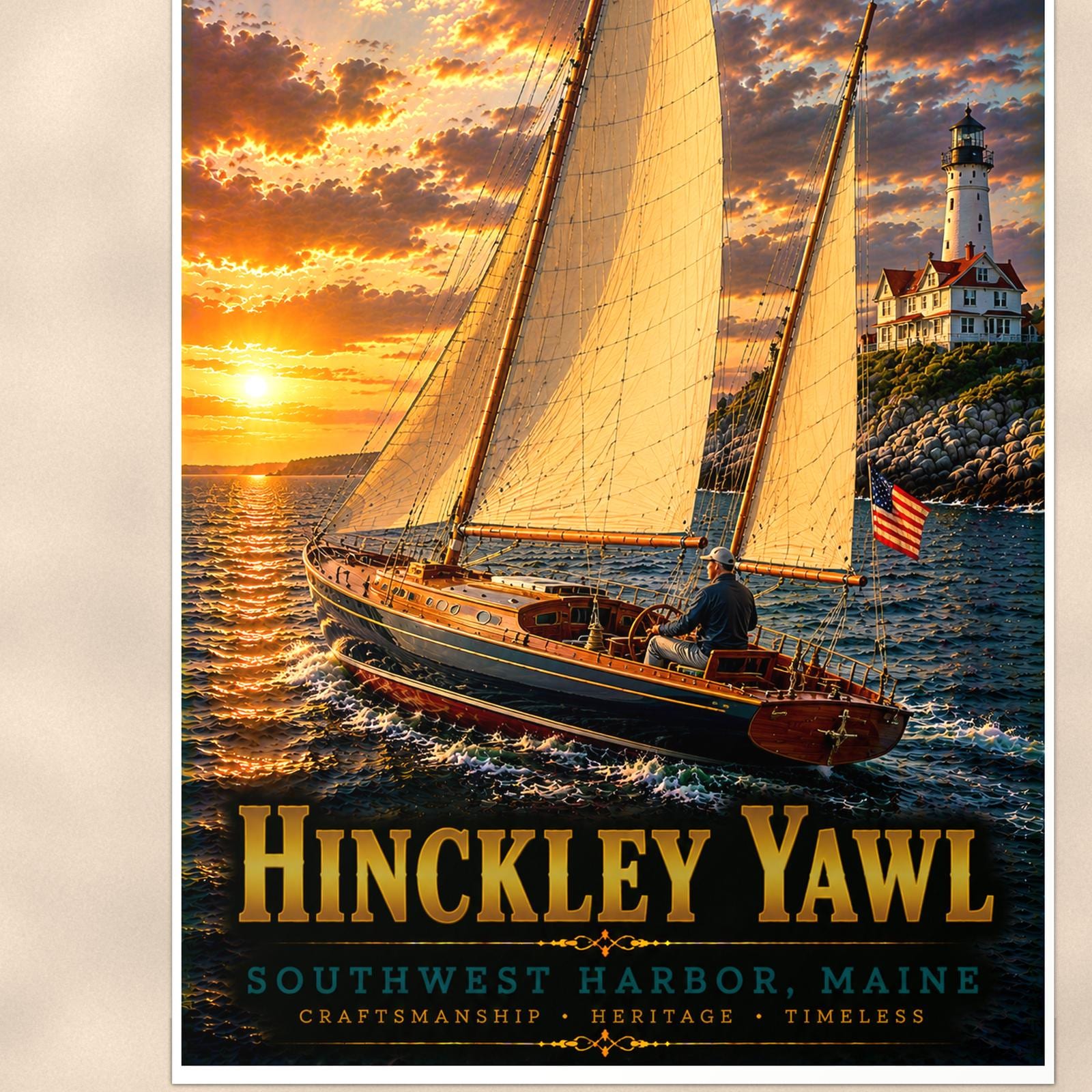 Hinckley Yawl - Southwest Harbor, Maine — 24x36 in art print poster, premium luster paper with a white border; close-up framed on the main subject of the artwork, paper surface visible.